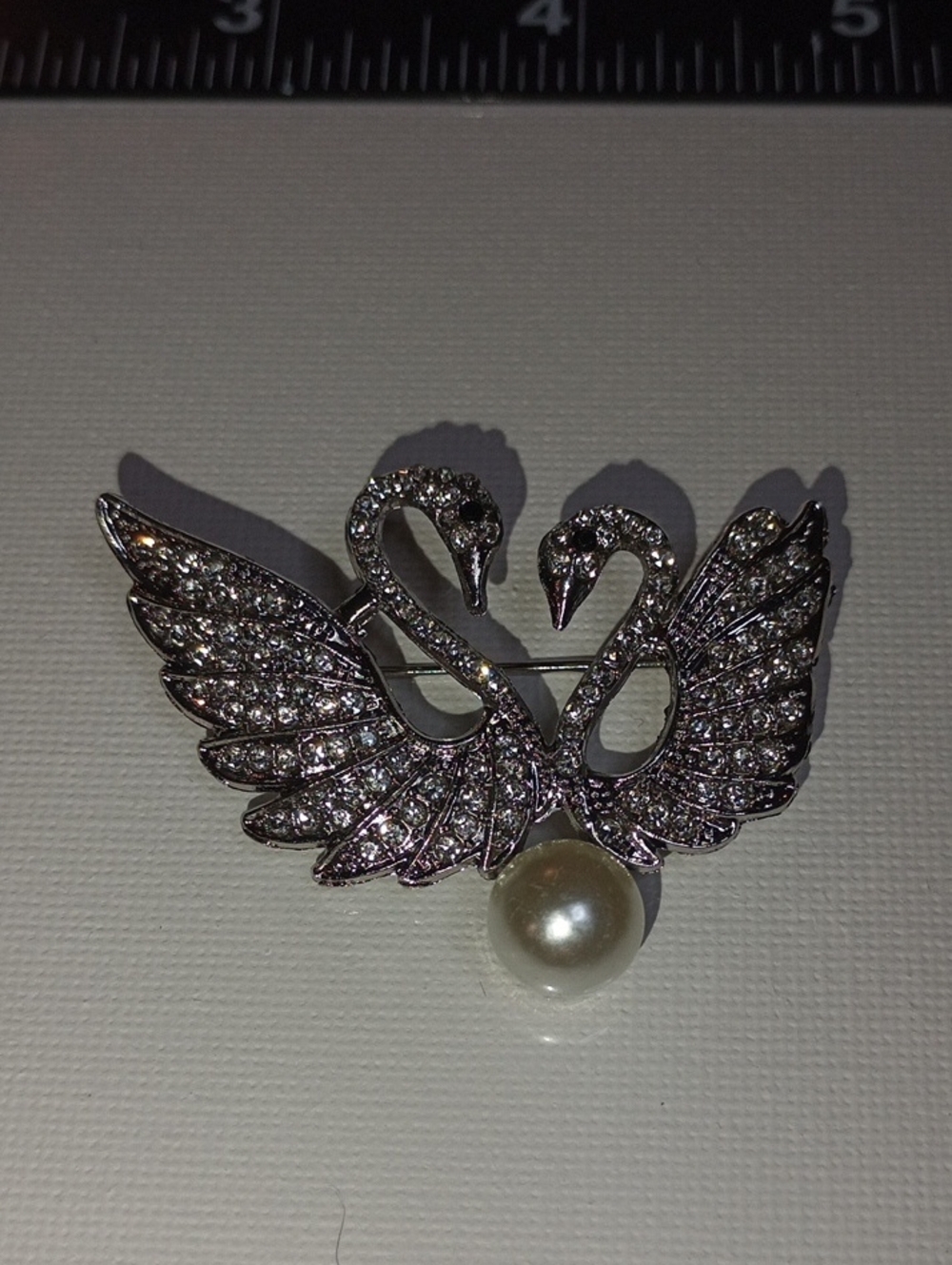 Crystal Swan Brooch with Pearl Accent - Silver Tone